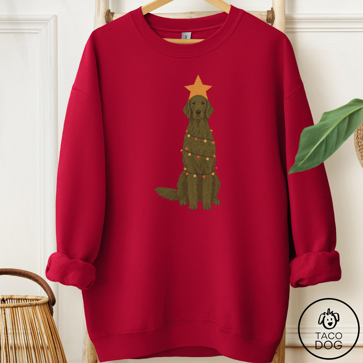 Flat-Coated Retriever Christmas Tree Sweatshirt Cardinal Red Taco-Dog