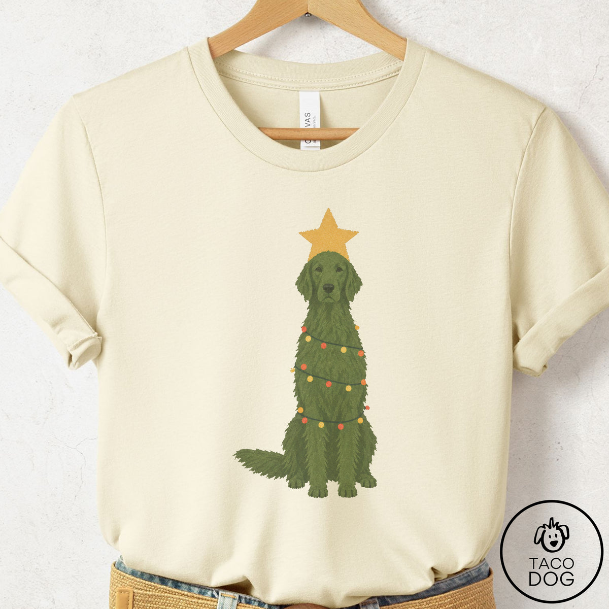 Flat-Coated Retriever Christmas Tree T-Shirt Natural Taco-Dog