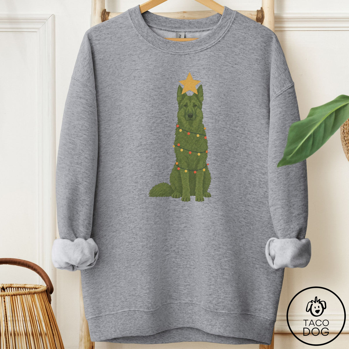German Shepherd Christmas Tree Sweatshirt Graphite Heather Taco-Dog