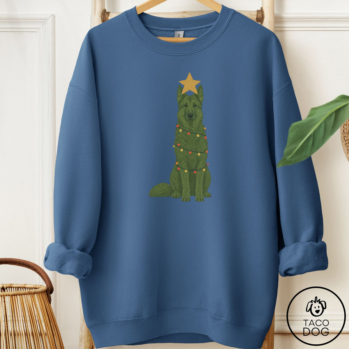 German Shepherd Christmas Tree Sweatshirt Indigo Blue Taco-Dog