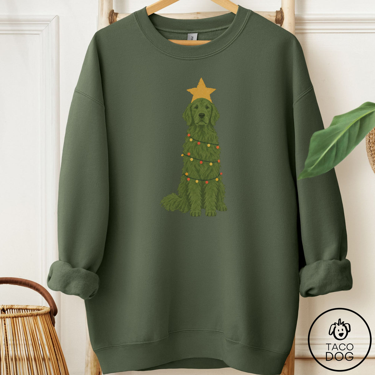 Golden Retriever Christmas Tree Sweatshirt Military Green Taco-Dog
