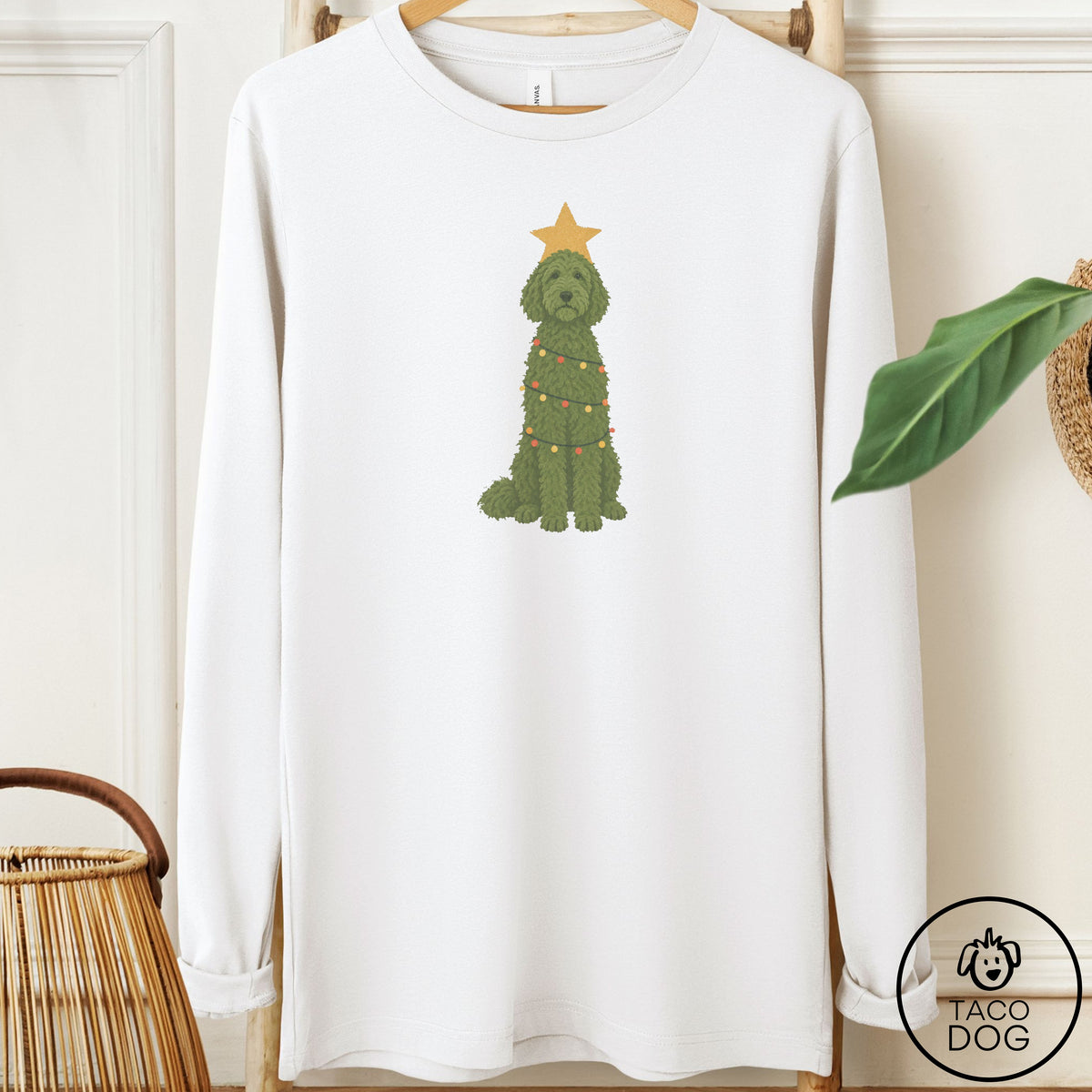 Doodle Christmas Tree Long Sleeve Tee White Taco-Dog