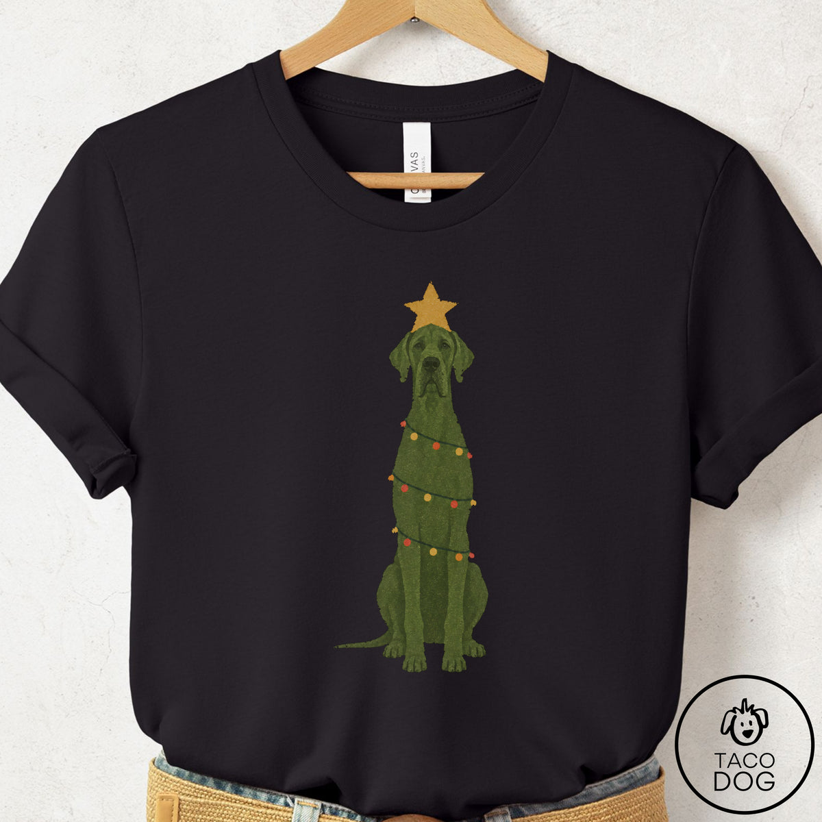 Great Dane Christmas Tree T-Shirt Black Taco-Dog