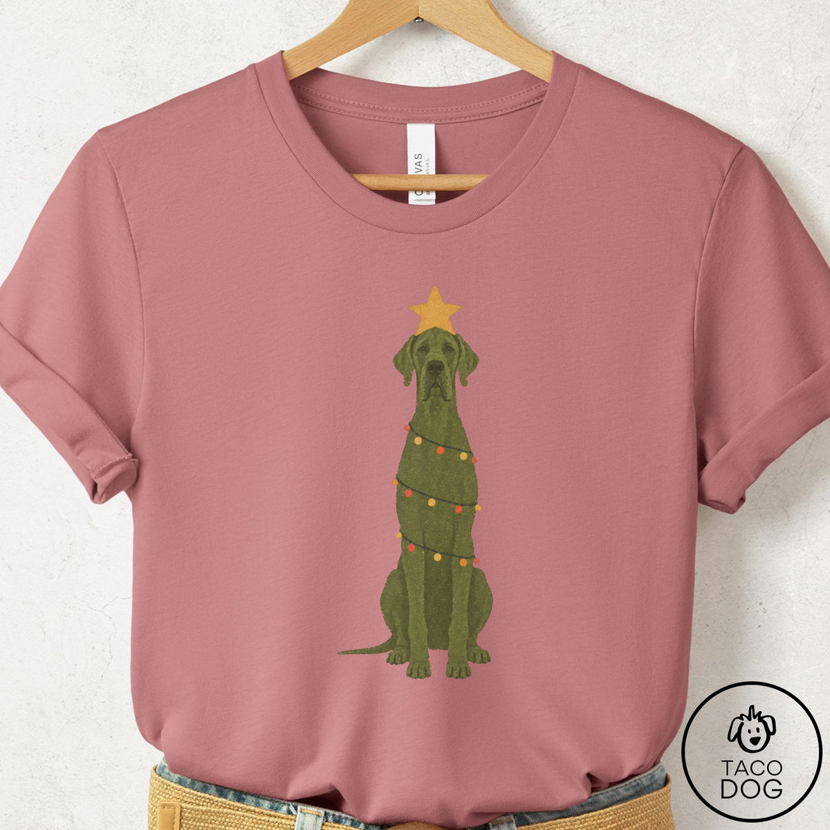 Great Dane Christmas Tree T-Shirt Mauve Taco-Dog