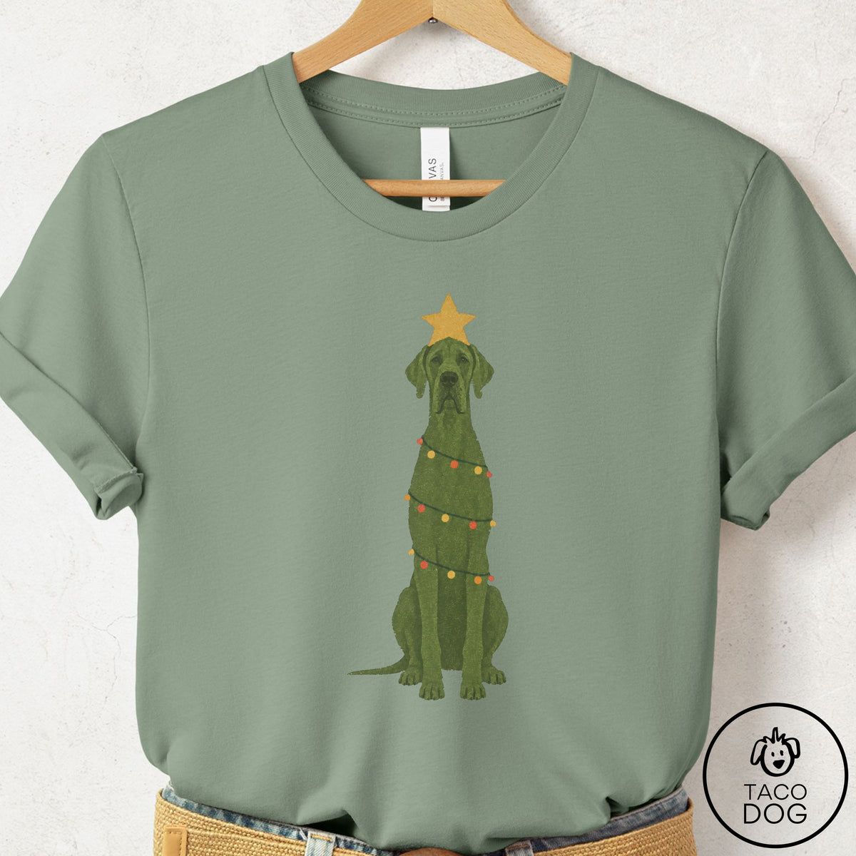 Great Dane Christmas Tree T-Shirt Sage Taco-Dog