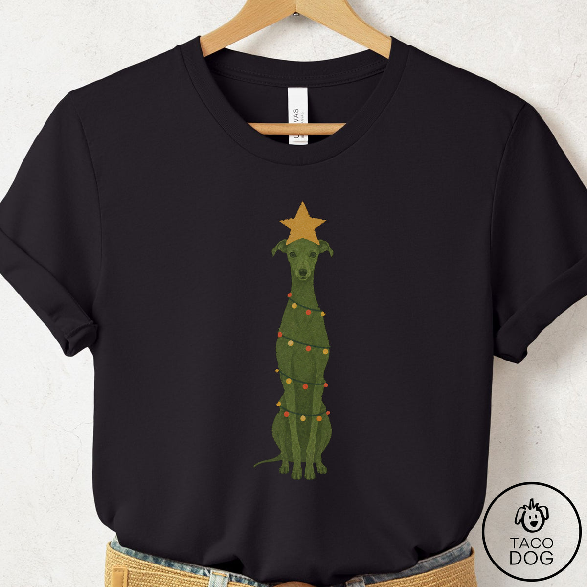Italian Greyhound Whippet Christmas Tree T-Shirt Black Taco-Dog