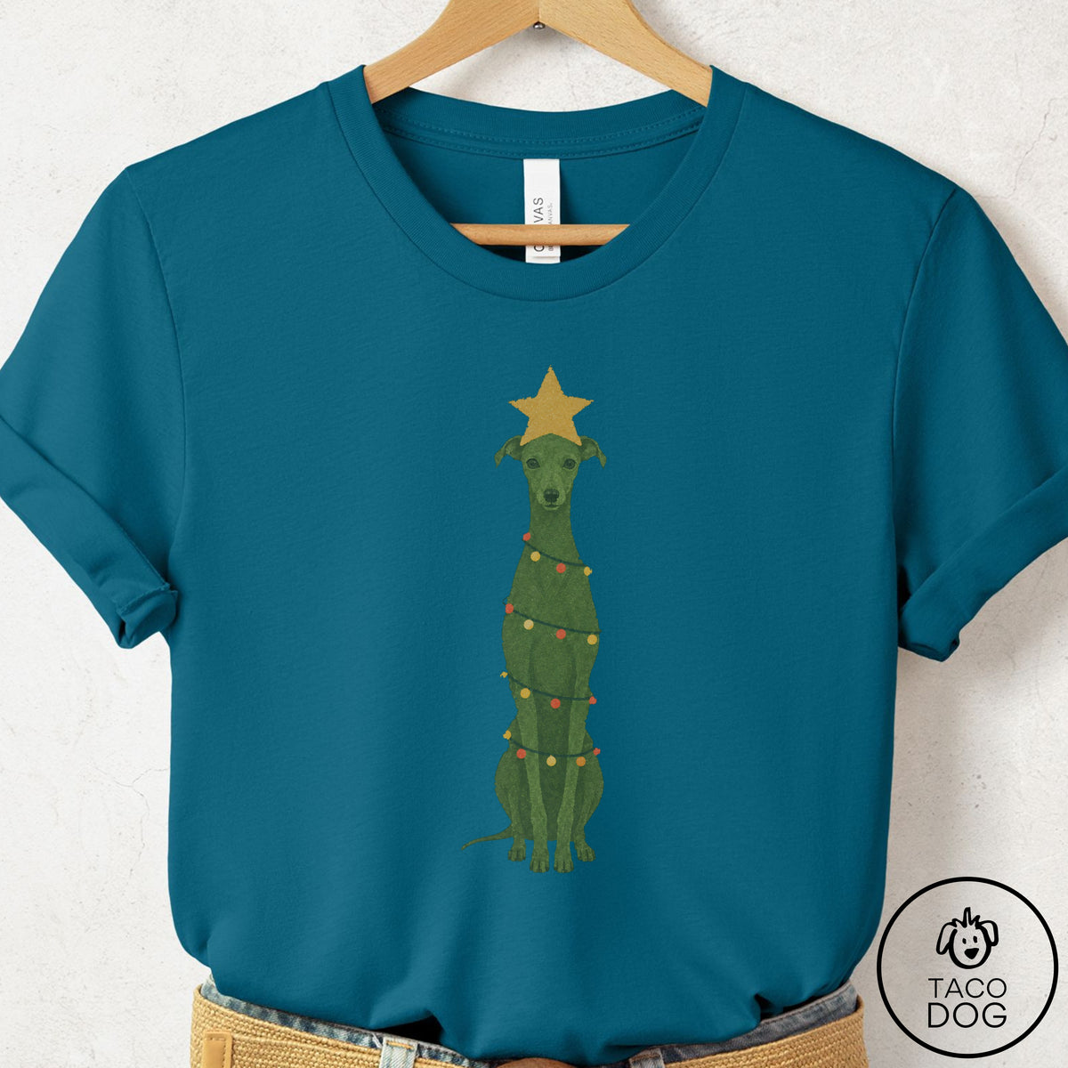 Italian Greyhound Whippet Christmas Tree T-Shirt Deep Teal Taco-Dog