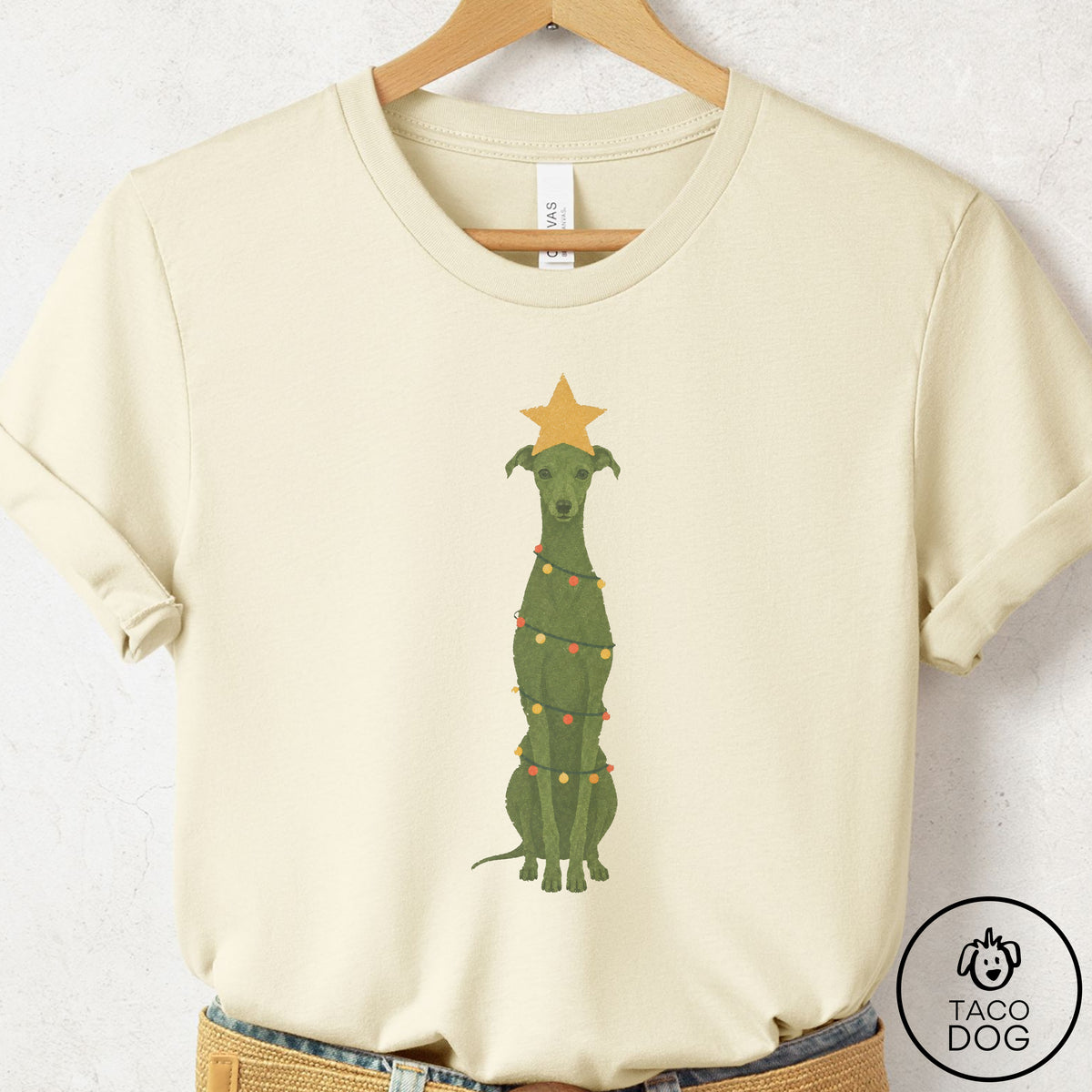 Italian Greyhound Whippet Christmas Tree T-Shirt Natural Taco-Dog