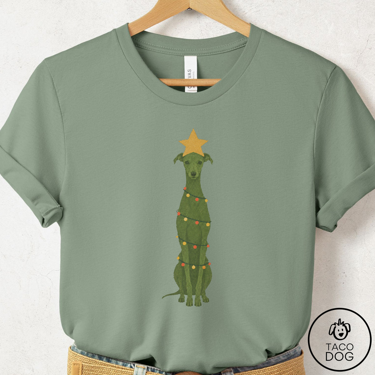 Italian Greyhound Whippet Christmas Tree T-Shirt Sage Taco-Dog
