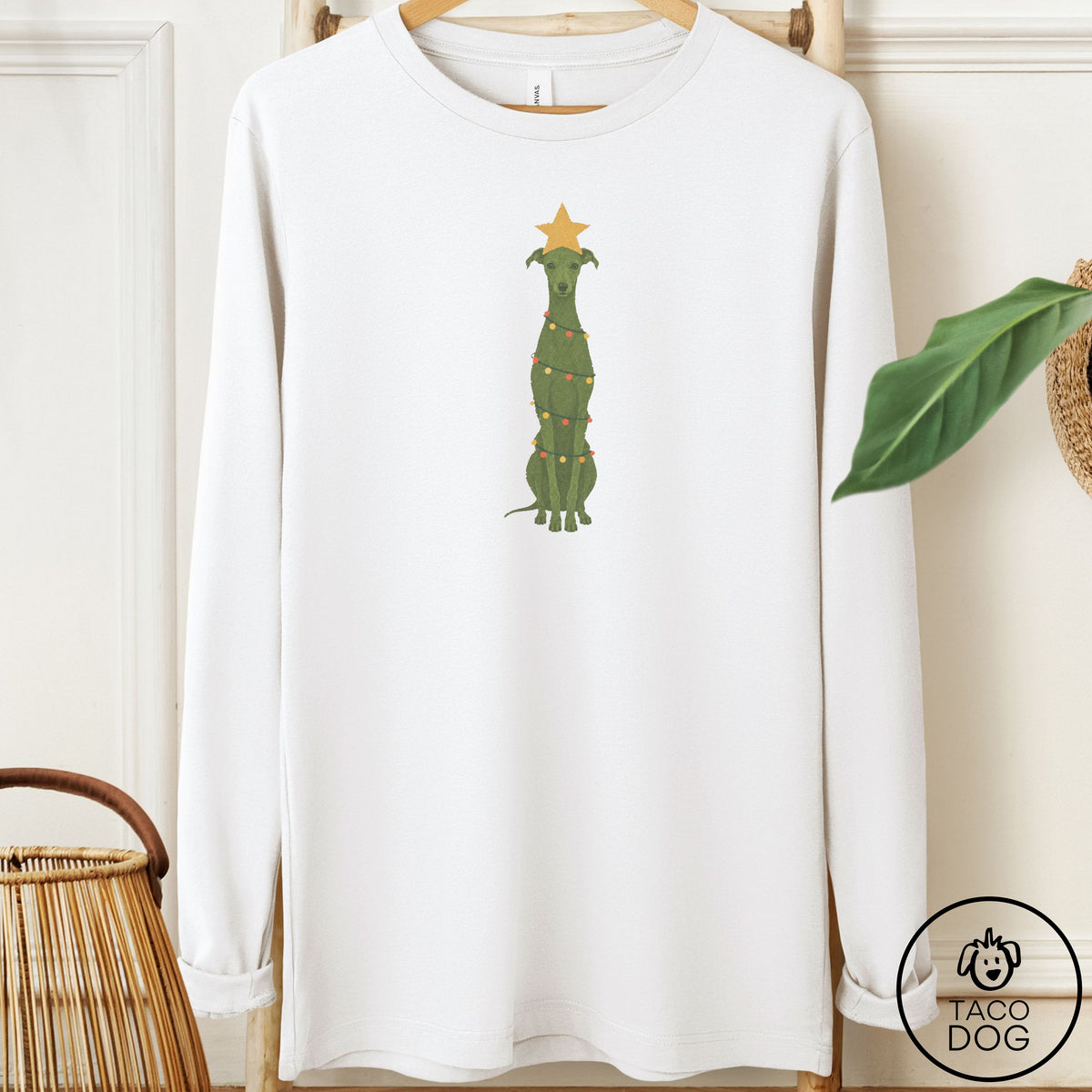 Italian Greyhound Whippet Christmas Tree Long Sleeve Tee White Taco-Dog