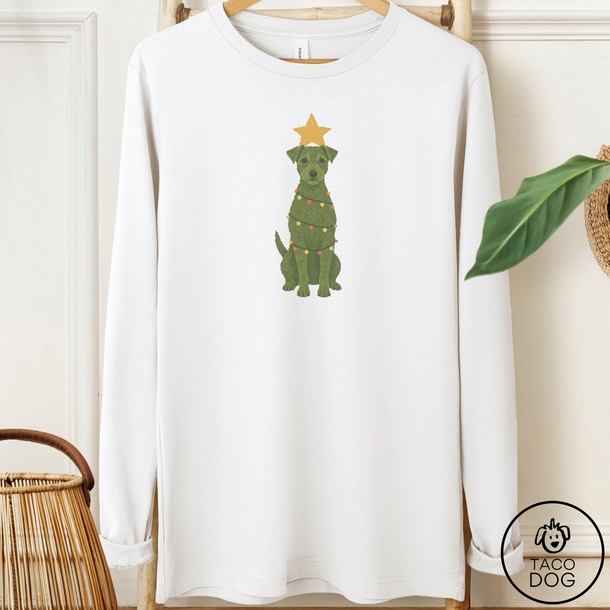 Jack Russell Christmas Tree Long Sleeve Tee White Taco-Dog