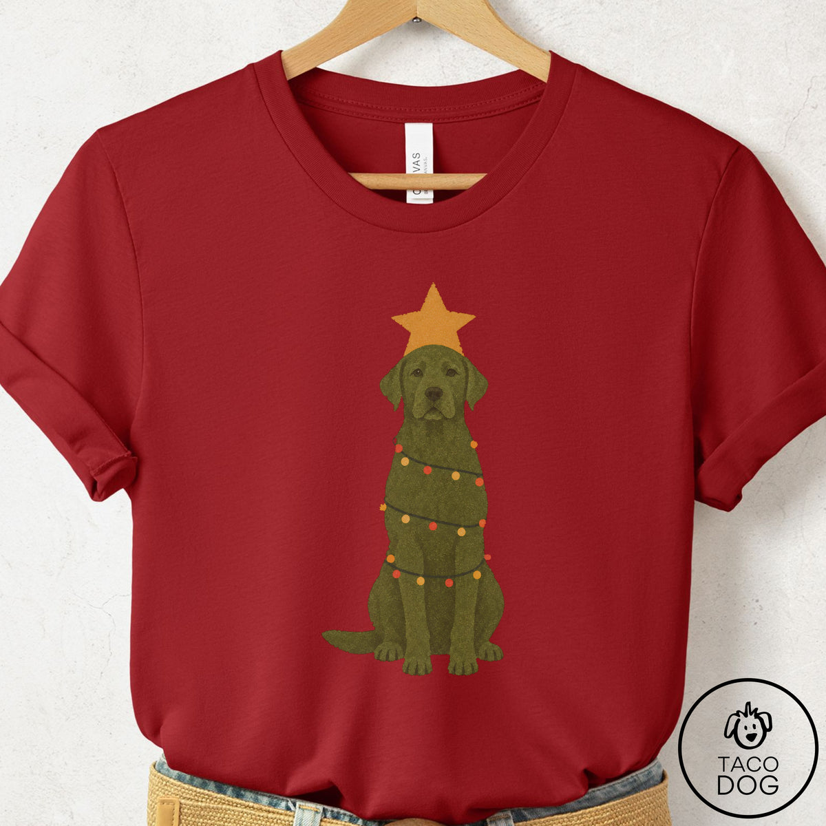 Labrador Retriever Christmas Tree T-Shirt Canvas Red Taco-Dog