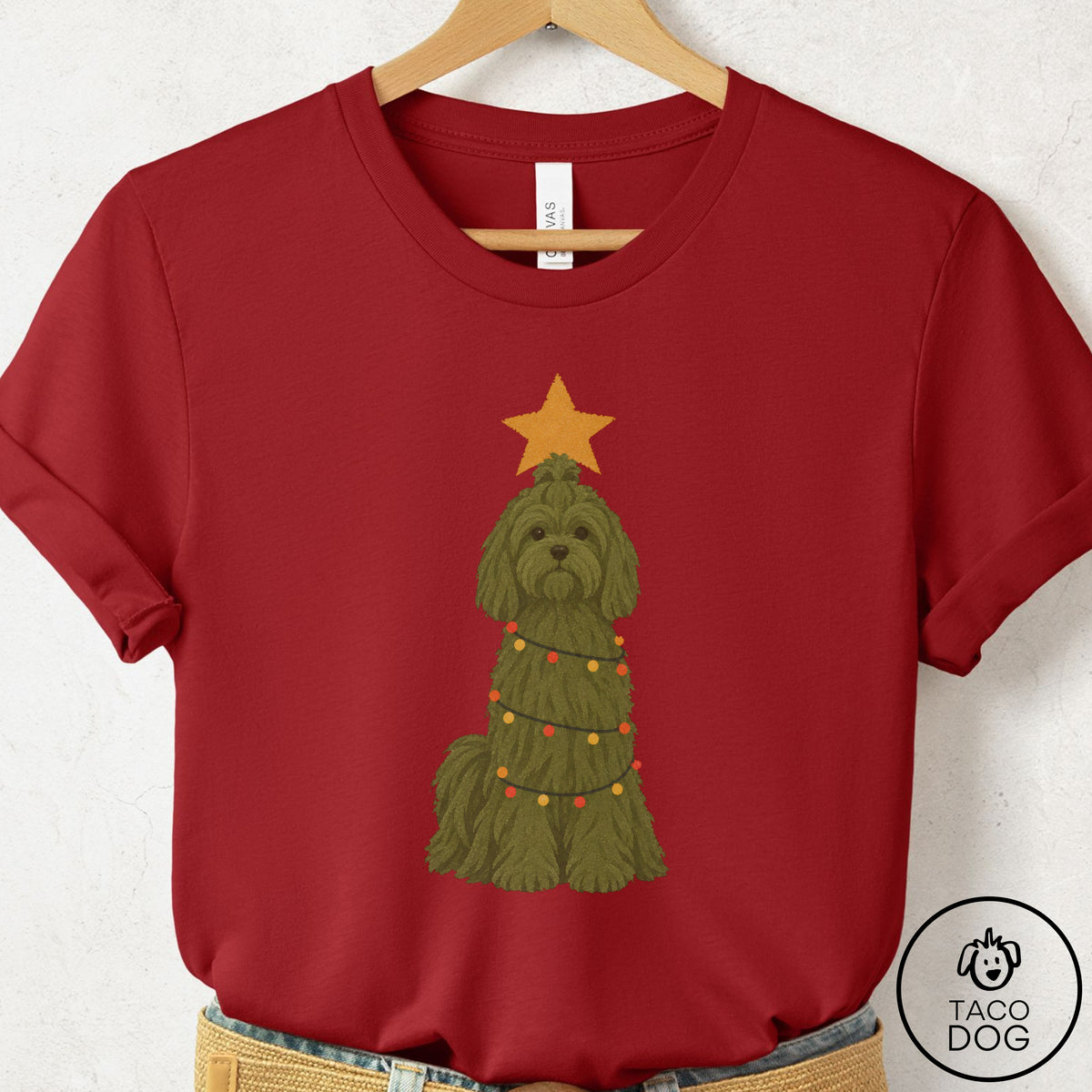 Maltese Christmas Tree T-Shirt Canvas Red Taco-Dog
