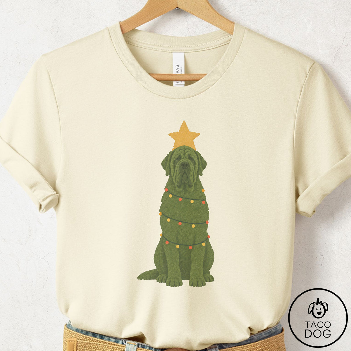 Mastiff Christmas Tree T-Shirt Natural Taco-Dog