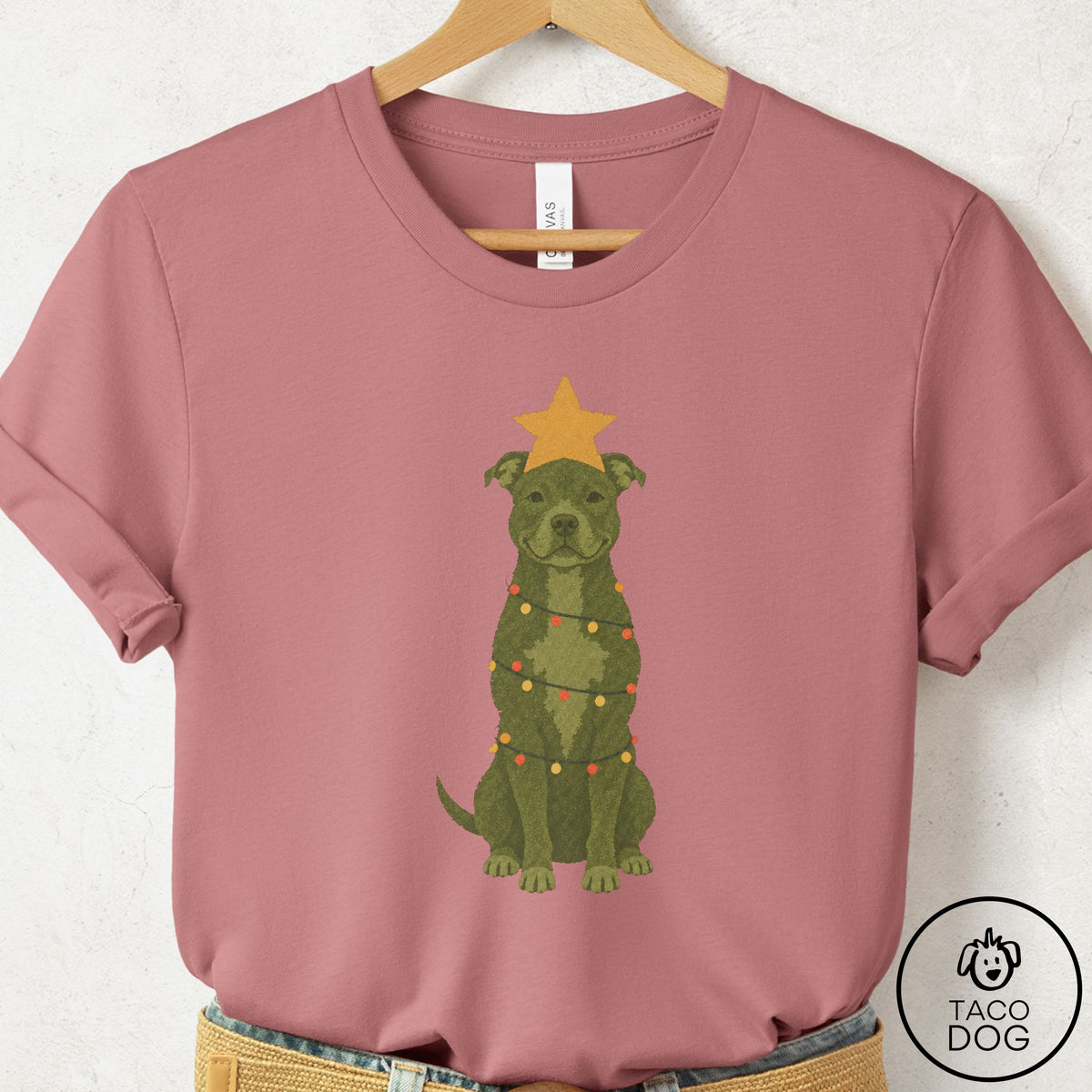 Pitbull Christmas Tree T-Shirt Mauve Taco-Dog
