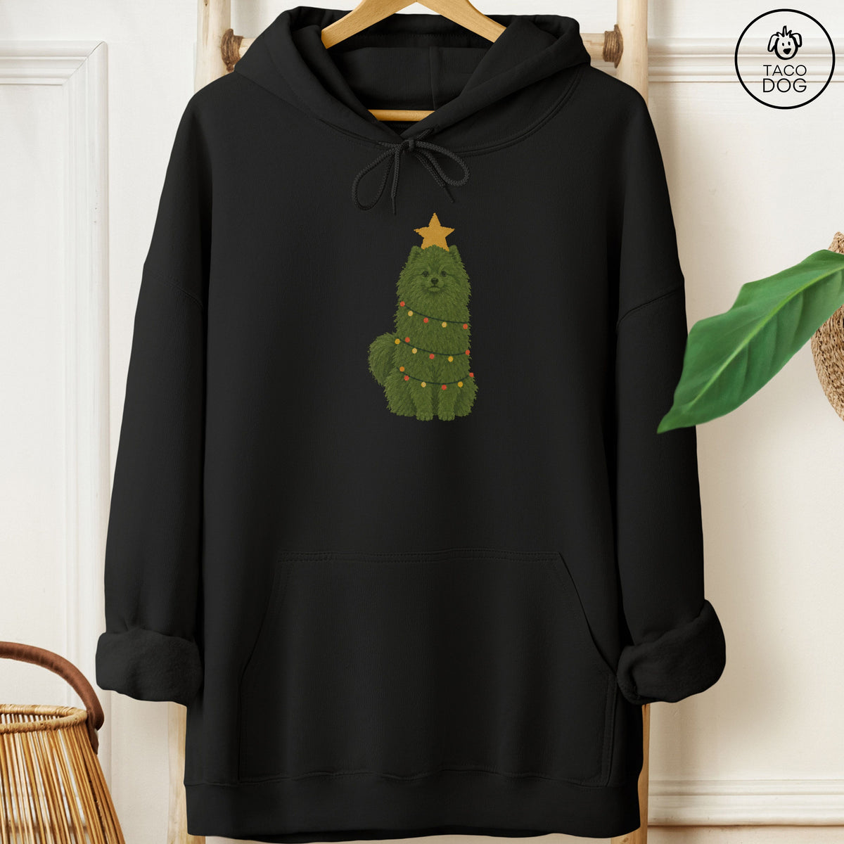 Pomeranian Christmas Tree Hoodie Black Taco-Dog