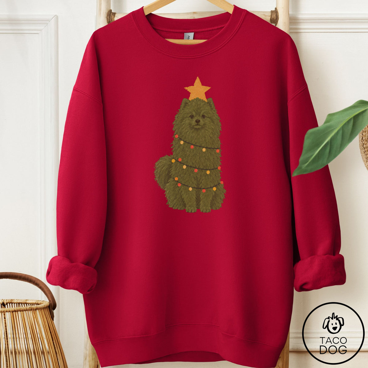 Pomeranian Christmas Tree Sweatshirt Cardinal Red Taco-Dog