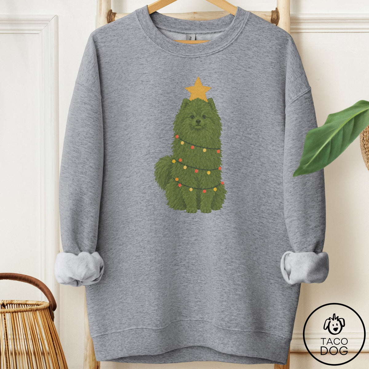 Pomeranian Christmas Tree Sweatshirt Graphite Heather Taco-Dog