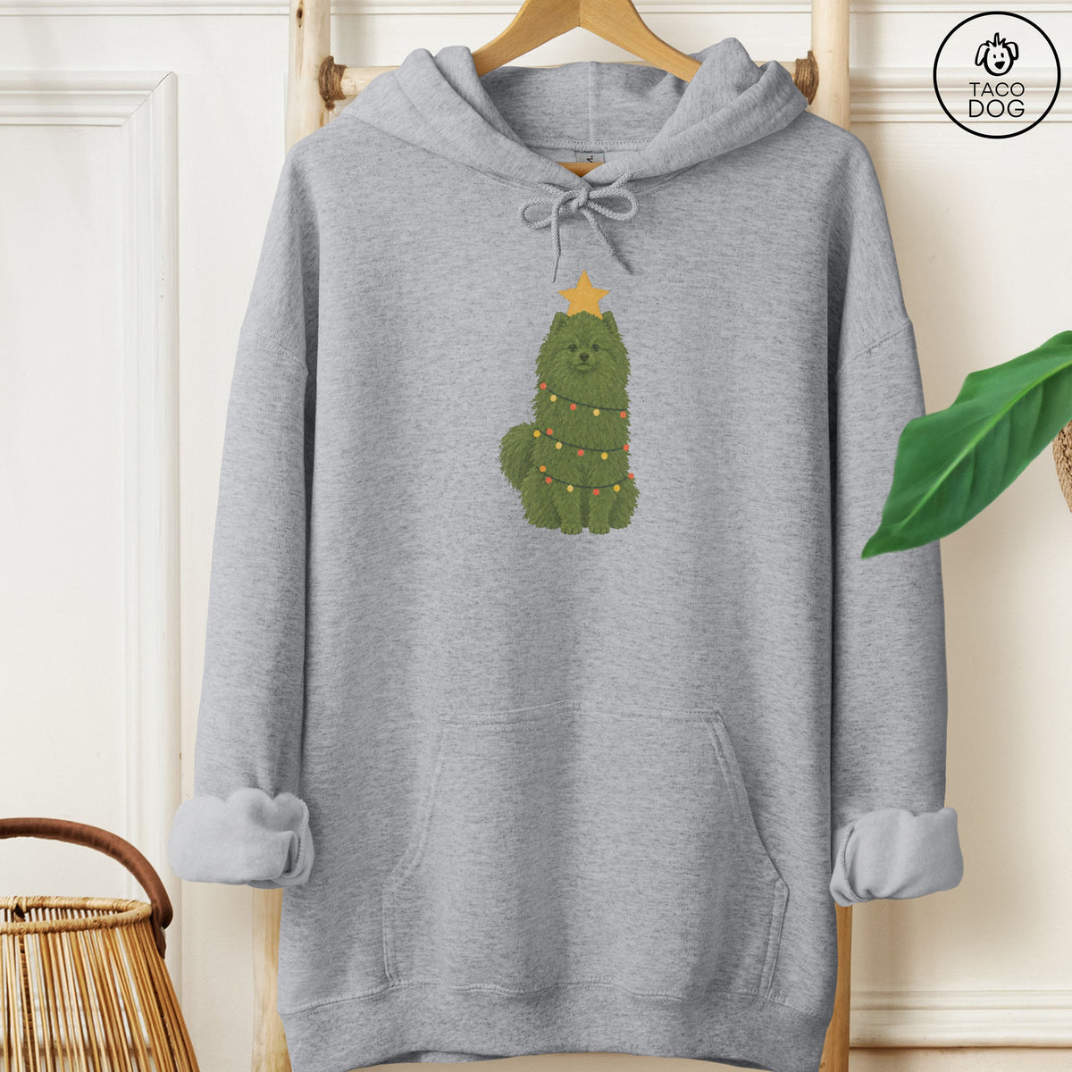 Pomeranian Christmas Tree Hoodie Graphite Heather Taco-Dog