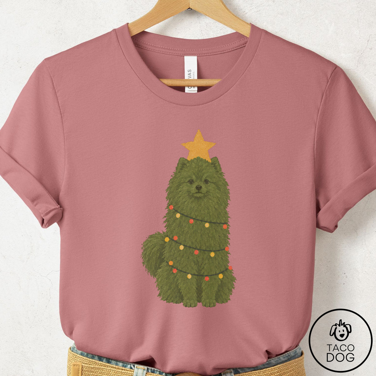 Pomeranian Christmas Tree T-Shirt Mauve Taco-Dog