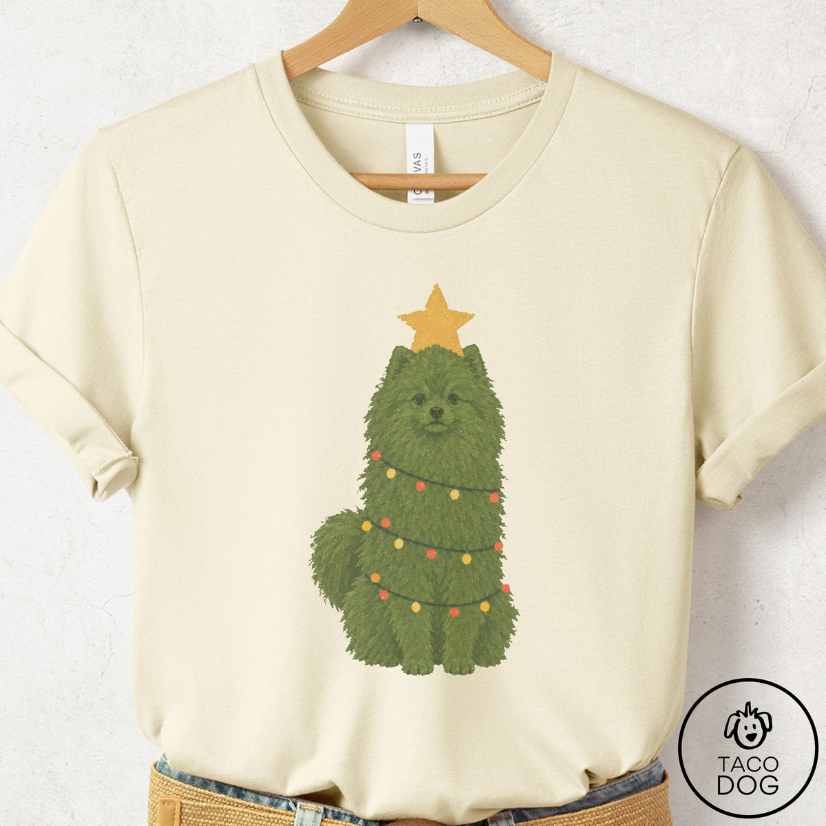 Pomeranian Christmas Tree T-Shirt Natural Taco-Dog