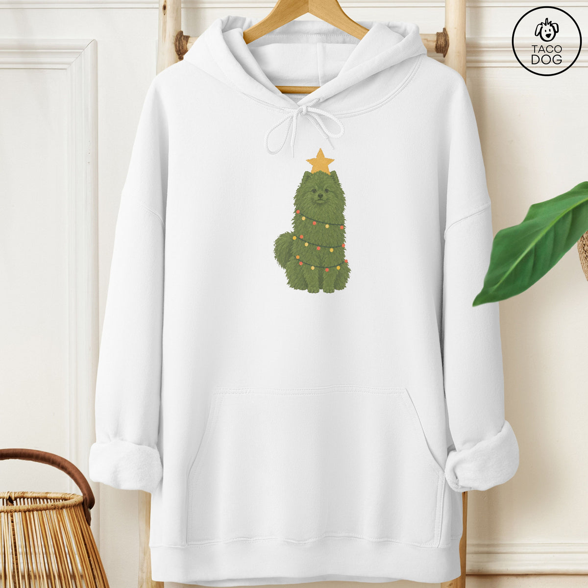 Pomeranian Christmas Tree Hoodie White Taco-Dog
