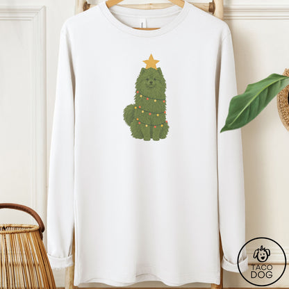 Pomeranian Christmas Tree Long Sleeve Tee White Taco-Dog
