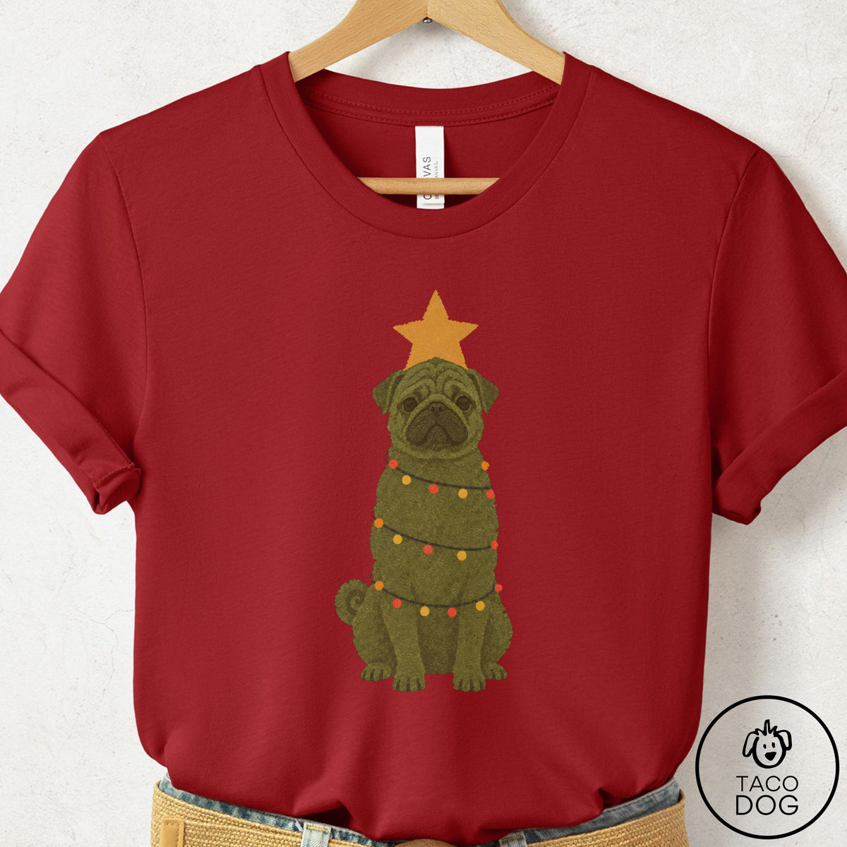 Pug Christmas Tree T-Shirt Canvas Red Taco-Dog