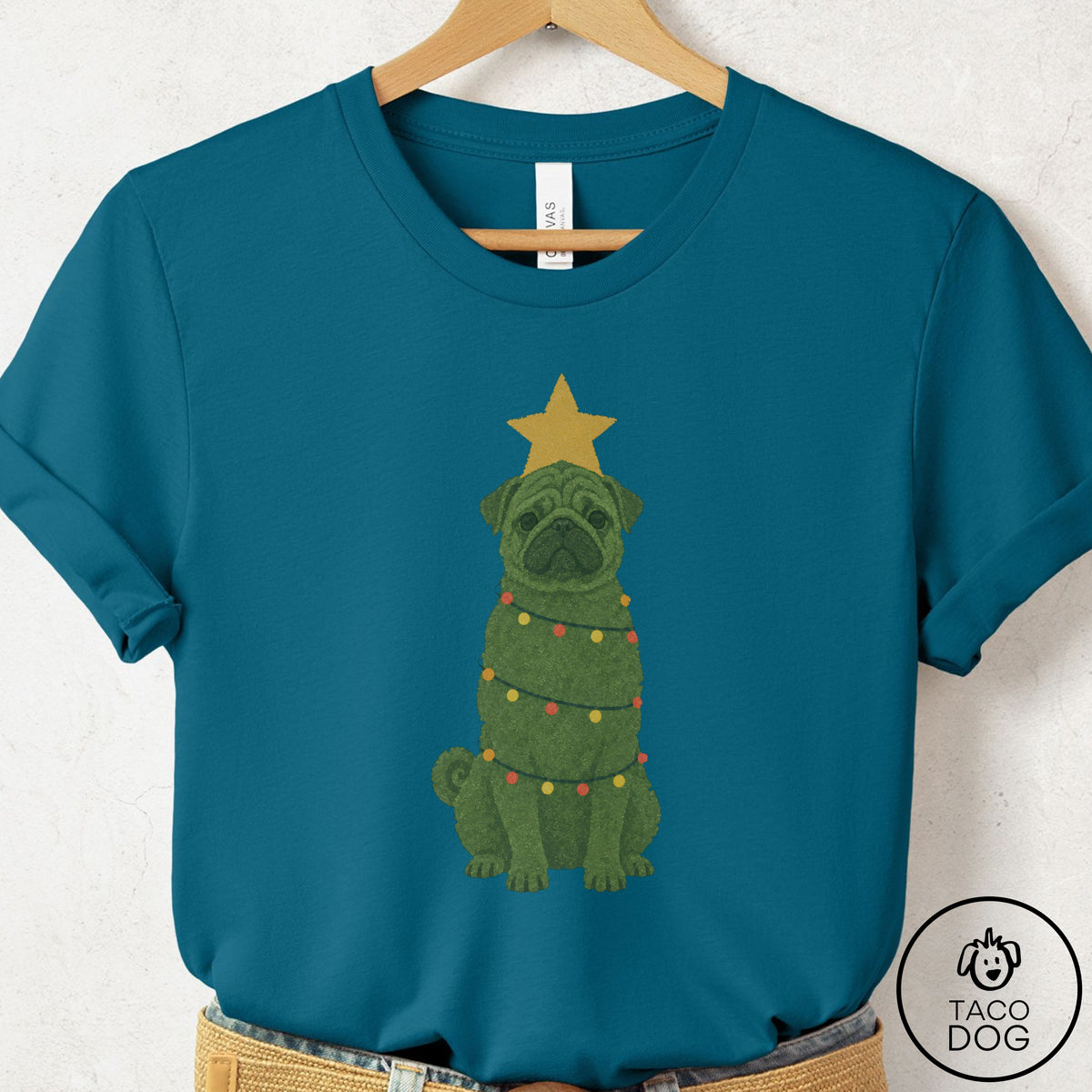 Pug Christmas Tree T-Shirt Deep Teal Taco-Dog