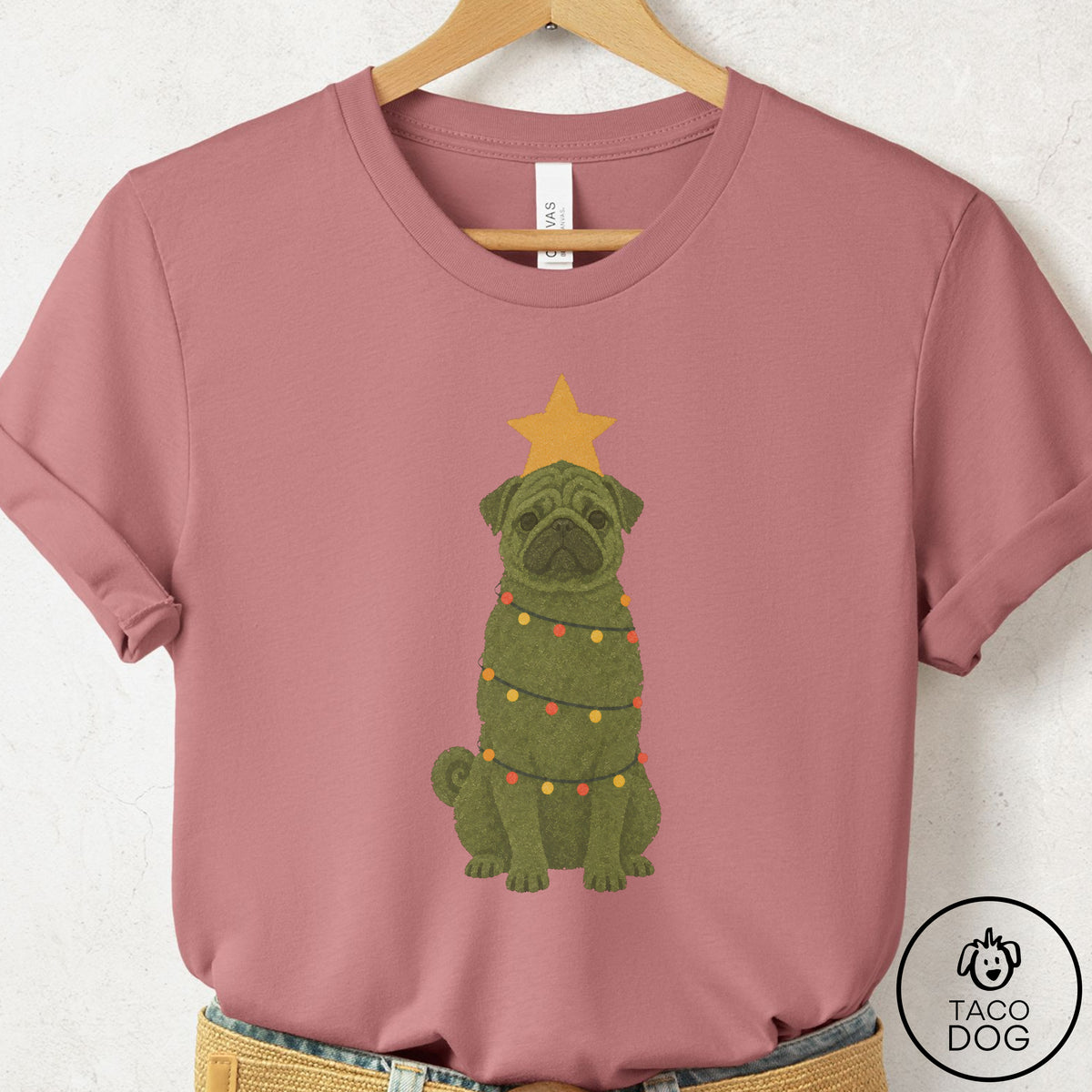 Pug Christmas Tree T-Shirt Mauve Taco-Dog