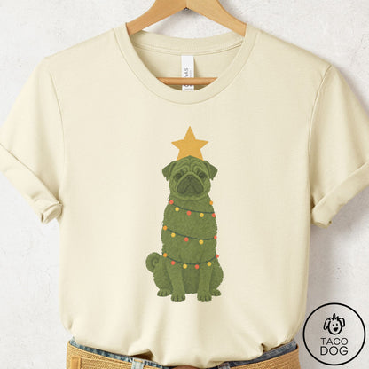 Pug Christmas Tree T-Shirt Natural Taco-Dog
