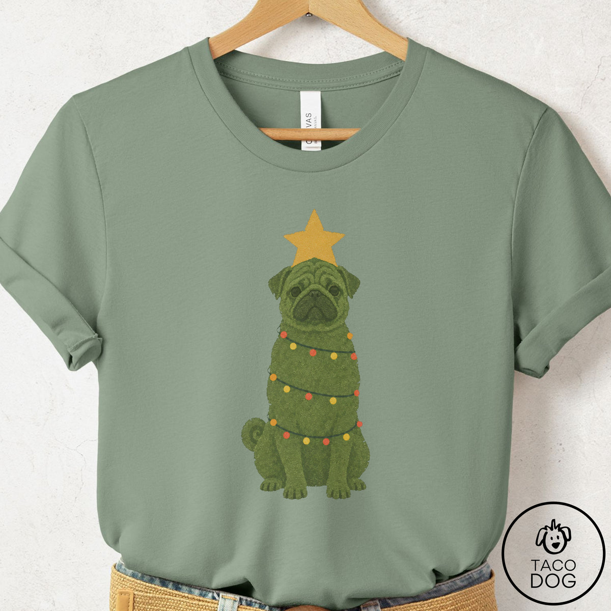 Pug Christmas Tree T-Shirt Sage Taco-Dog