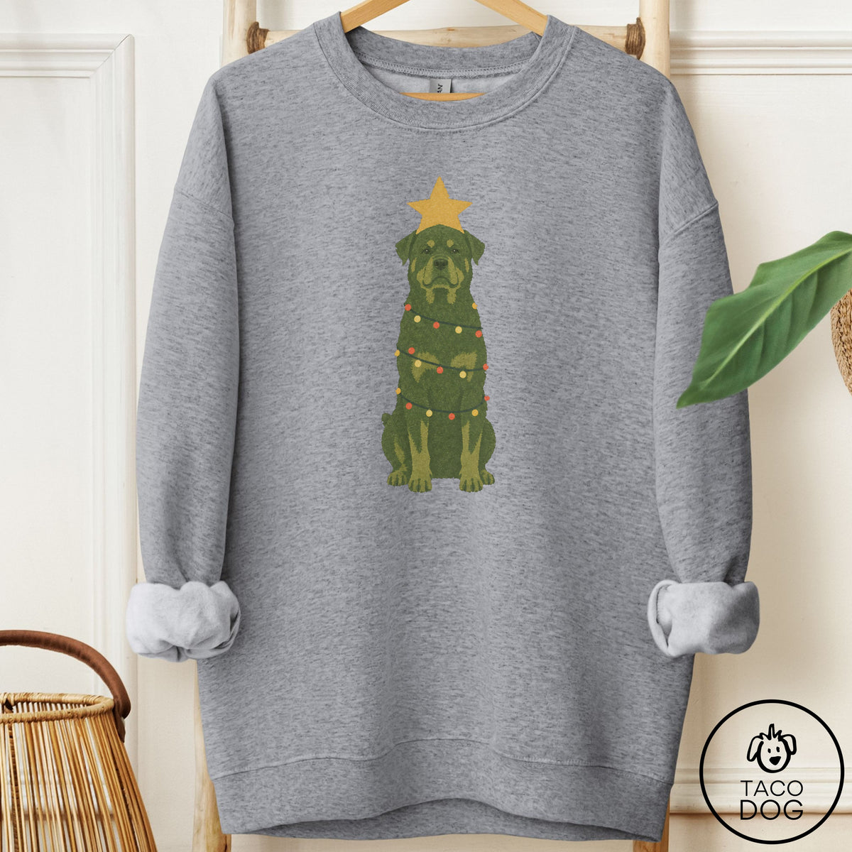 Rottweiler Christmas Tree Sweatshirt Graphite Heather Taco-Dog