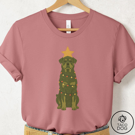 Rottweiler Christmas Tree T-Shirt Mauve Taco-Dog