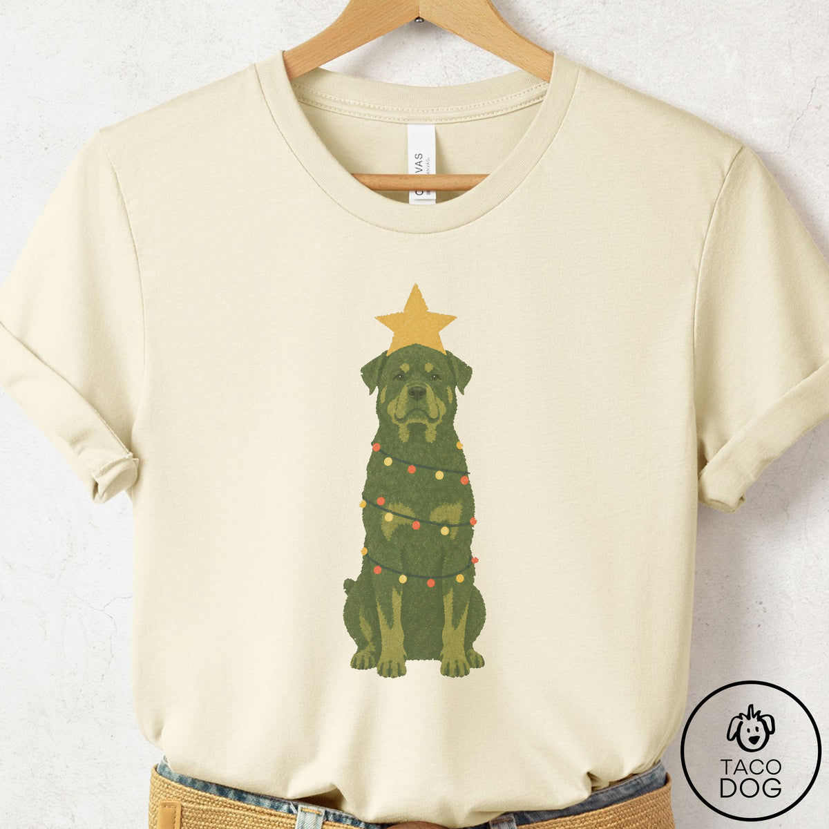 Rottweiler Christmas Tree T-Shirt Natural Taco-Dog