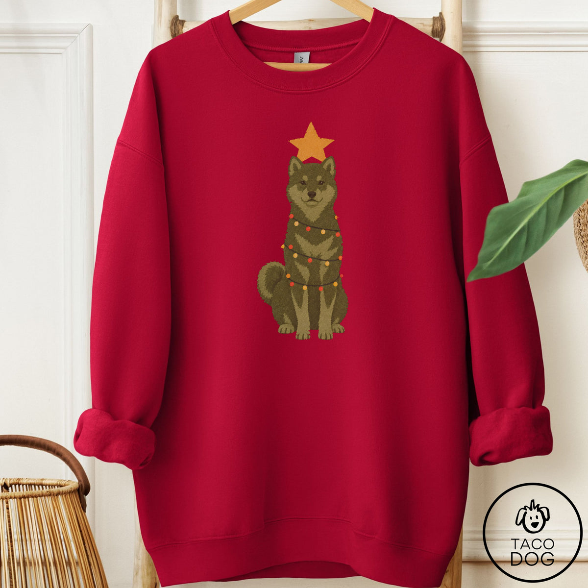 Shiba Inu Christmas Tree Sweatshirt Cardinal Red Taco-Dog