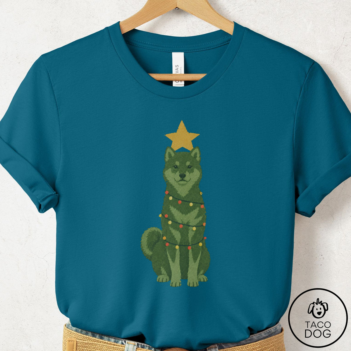 Shiba Inu Christmas Tree T-Shirt Deep Teal Taco-Dog