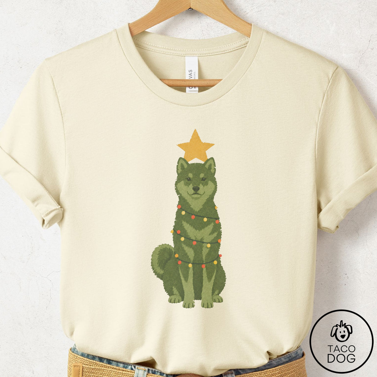 Shiba Inu Christmas Tree T-Shirt Natural Taco-Dog