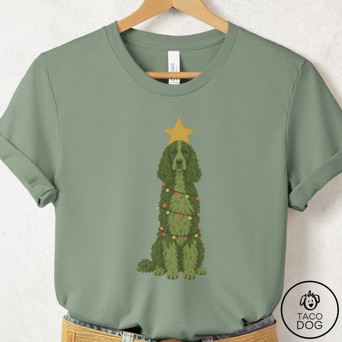 Springer Spaniel Christmas Tree T-Shirt Sage Taco-Dog