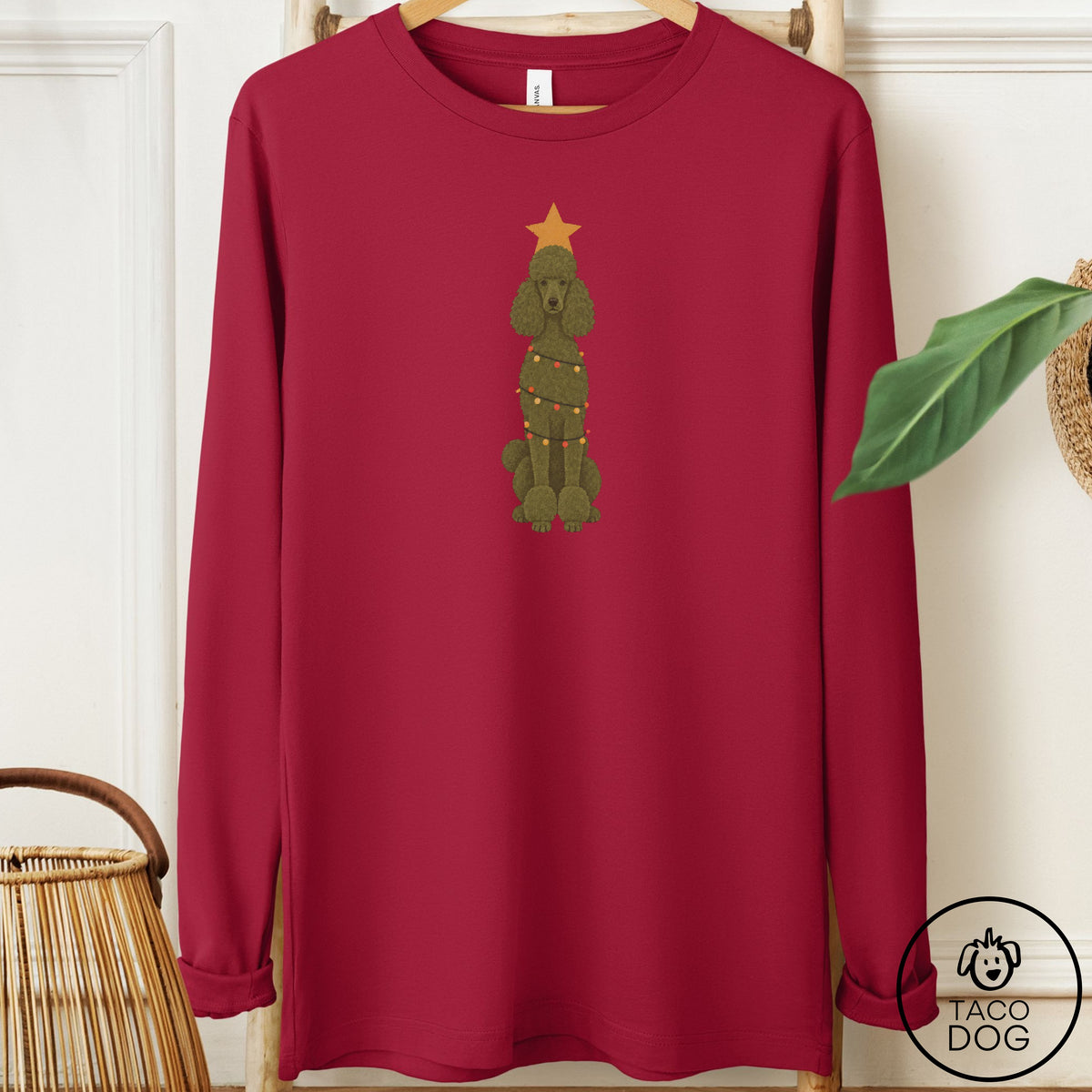 Poodle Christmas Tree Long Sleeve Tee Cardinal Taco-Dog