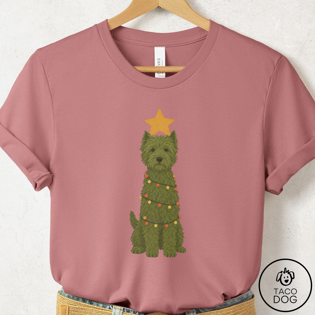 Westie Christmas Tree T-Shirt Mauve Taco-Dog