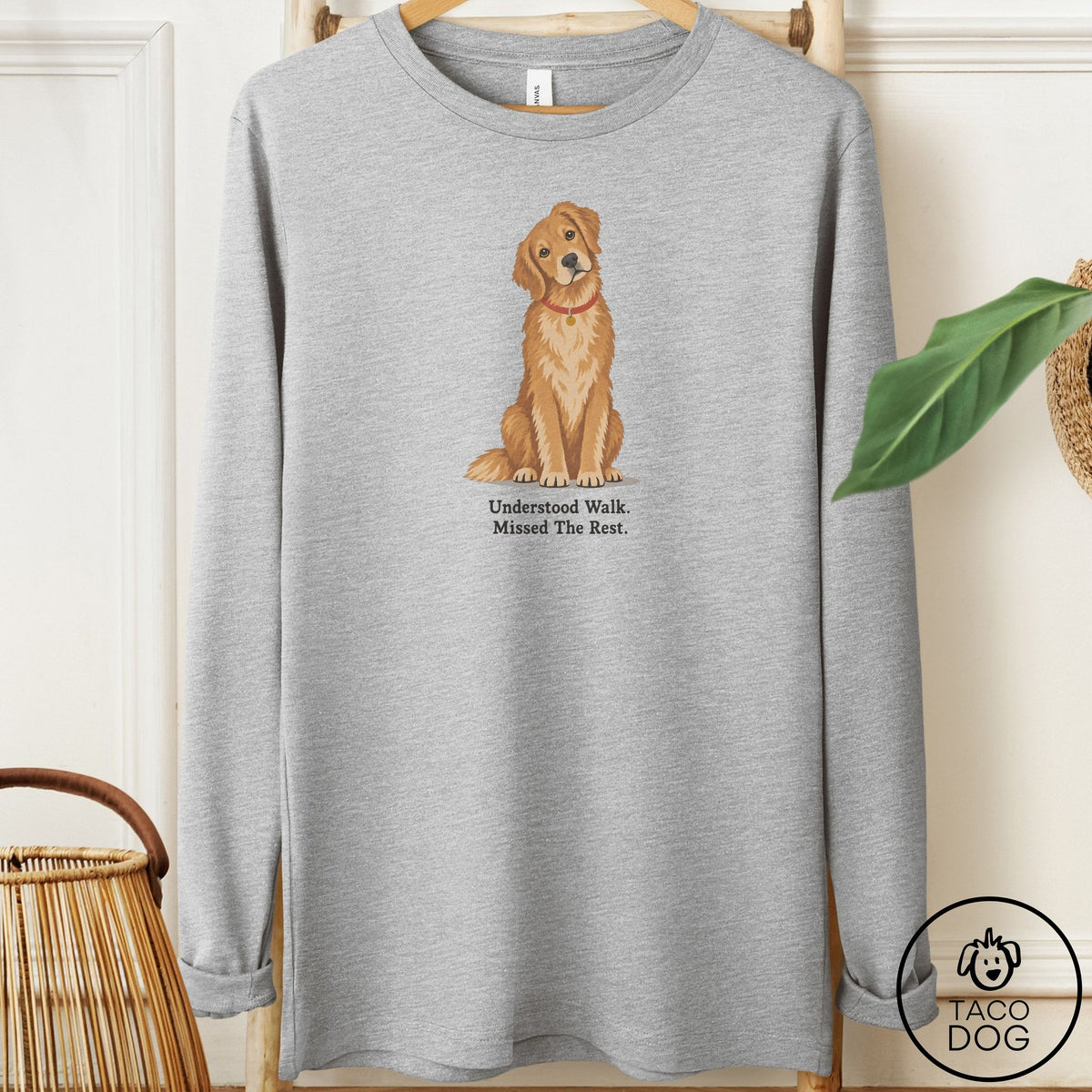 Golden Retriever Understood Walk Long Sleeve Tee Athletic Heather Taco-Dog