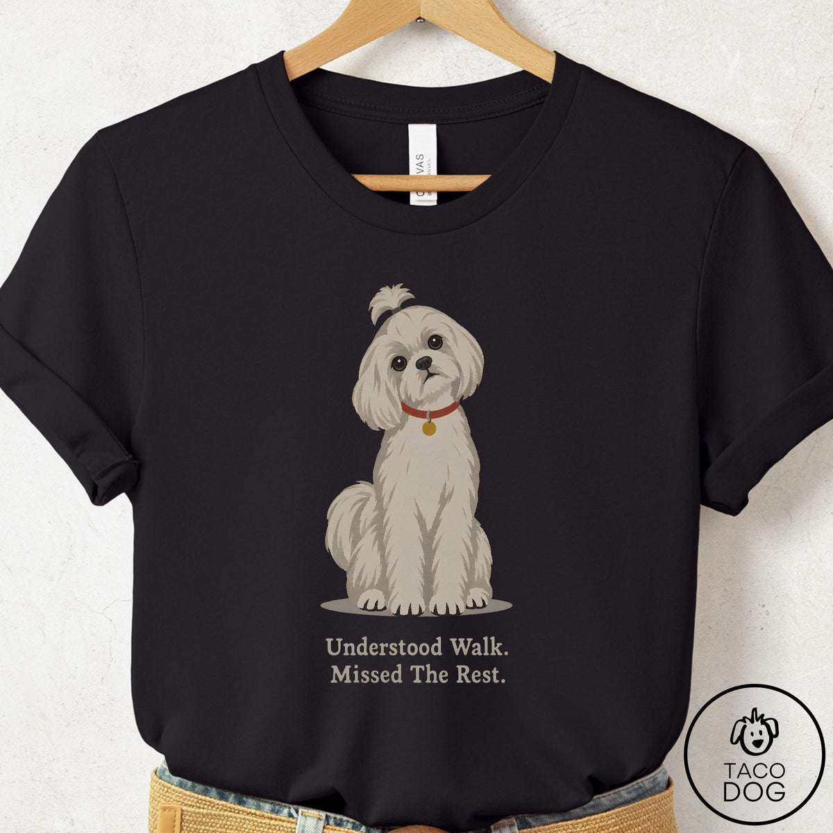 Maltese Understood Walk T-Shirt Black Taco-Dog