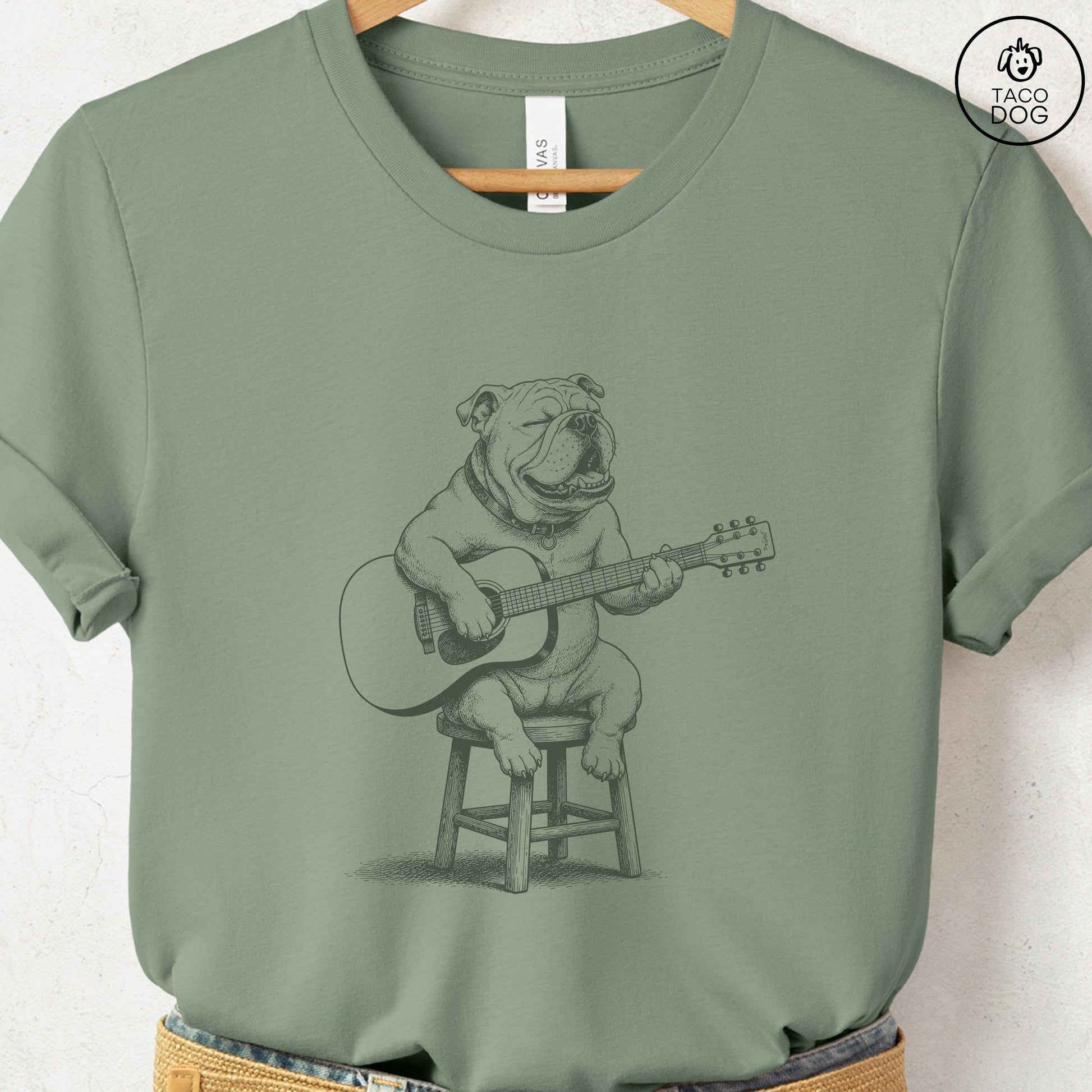 English Bulldog Unplugged T-Shirt Sage S Taco-Dog