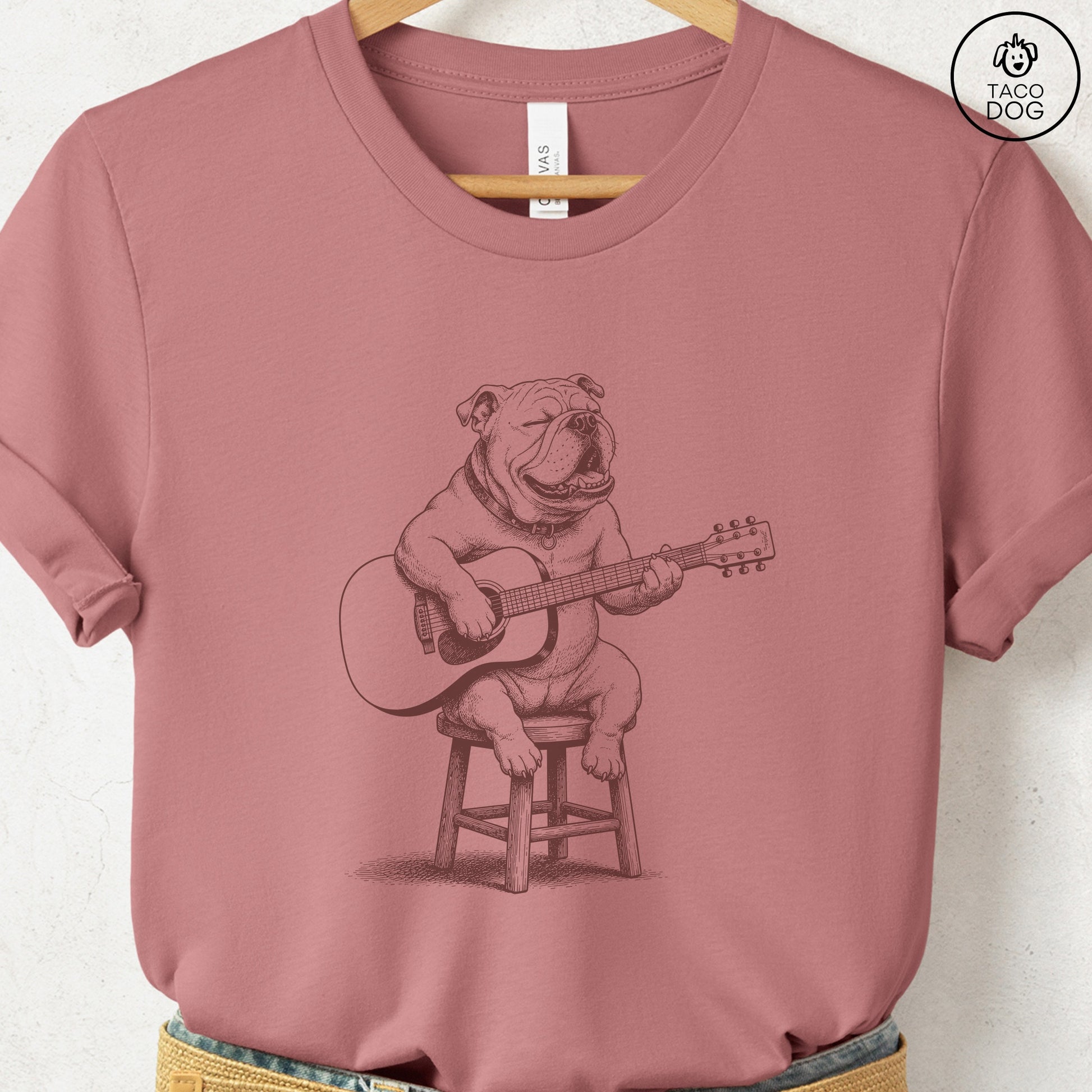 English Bulldog Unplugged T-Shirt Heather Mauve S Taco-Dog