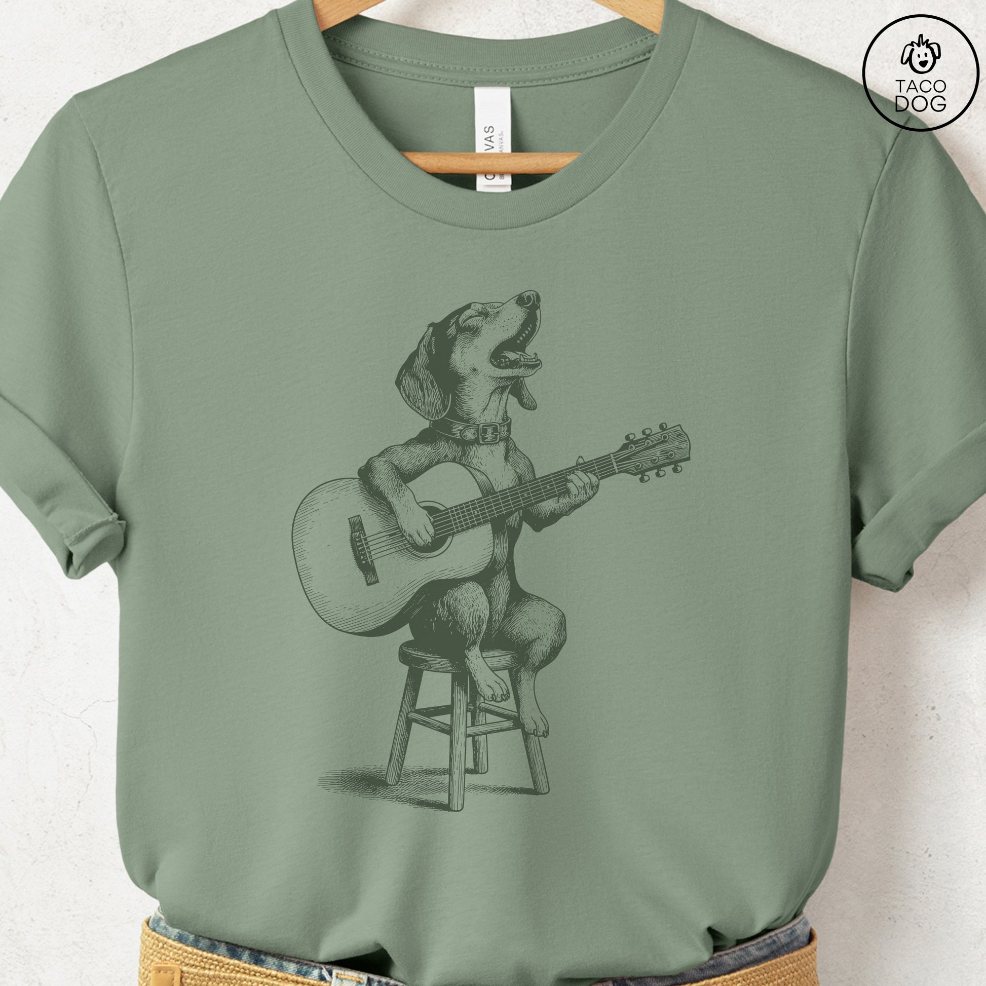 Dachshund Unplugged T-Shirt Sage S Taco-Dog