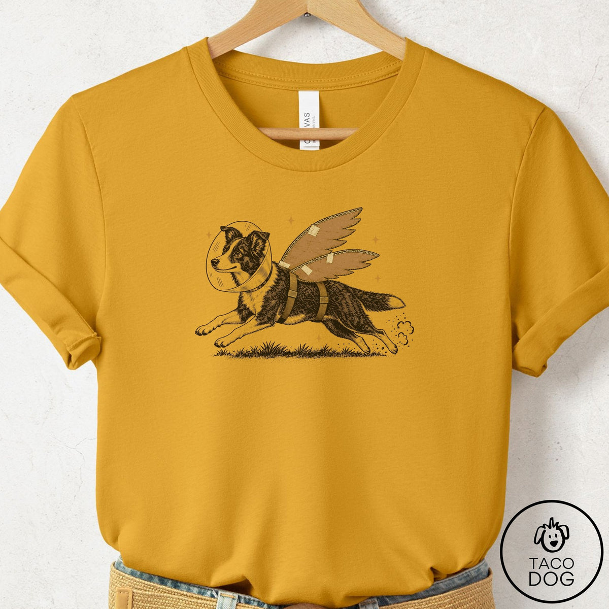 Border Collie Vet Wings T-Shirt Mustard Taco-Dog