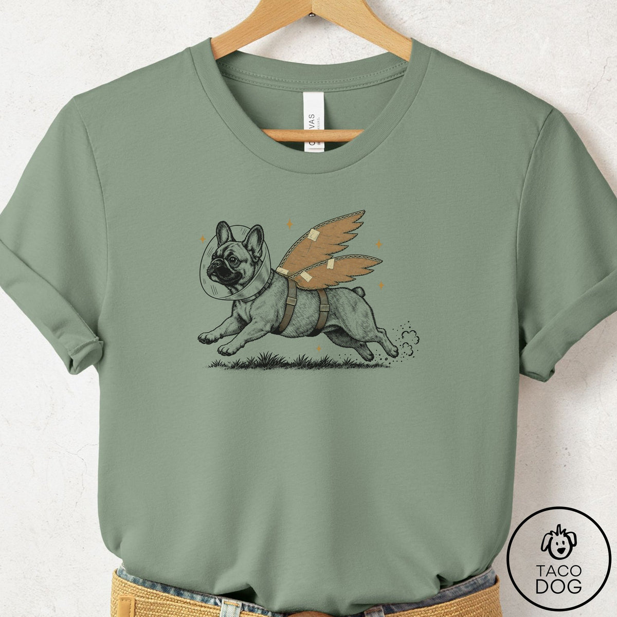French Bulldog Frenchie Vet Wings T-Shirt Sage Taco-Dog