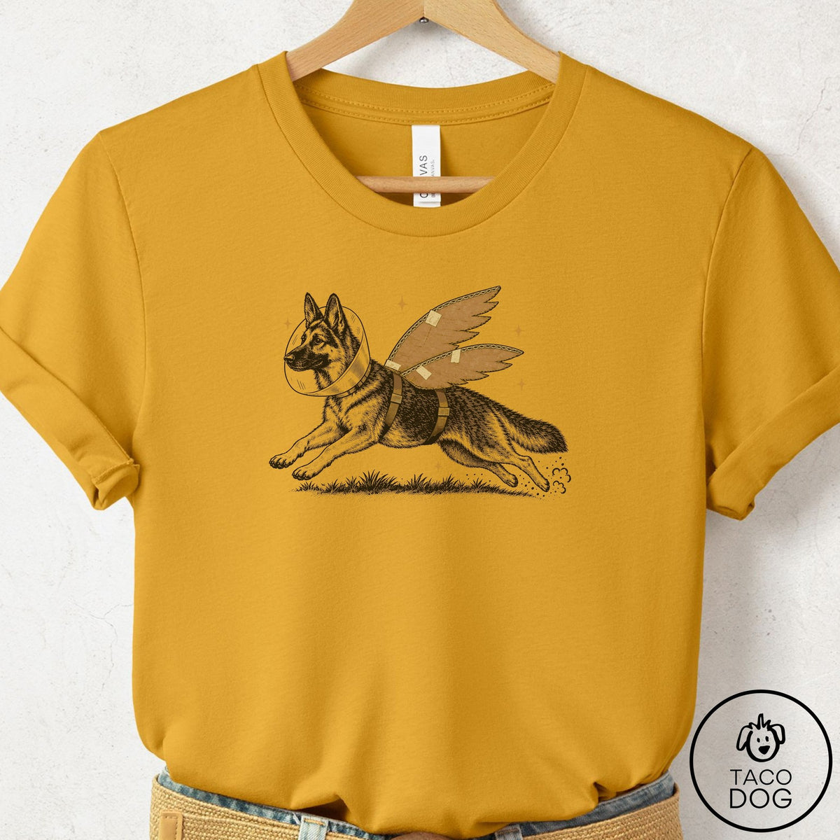 German Shepherd Vet Wings T-Shirt Mustard Taco-Dog
