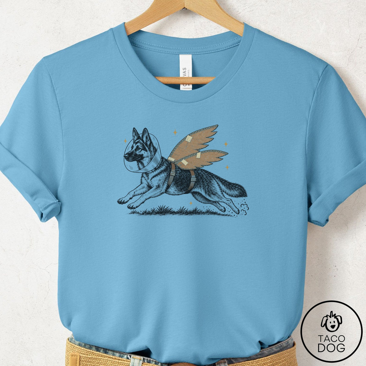 German Shepherd Vet Wings T-Shirt Ocean Blue Taco-Dog
